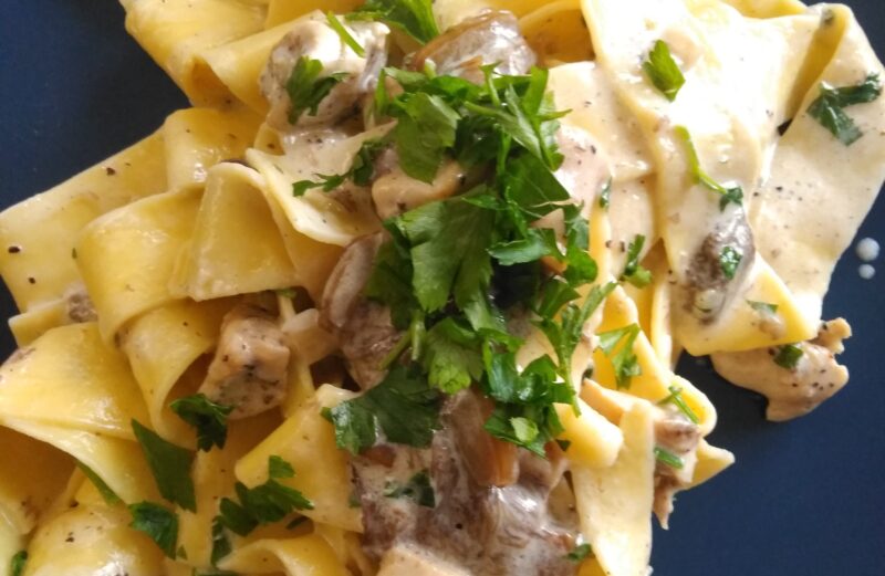 Makaron z leśnymi grzybami i kurczakiem